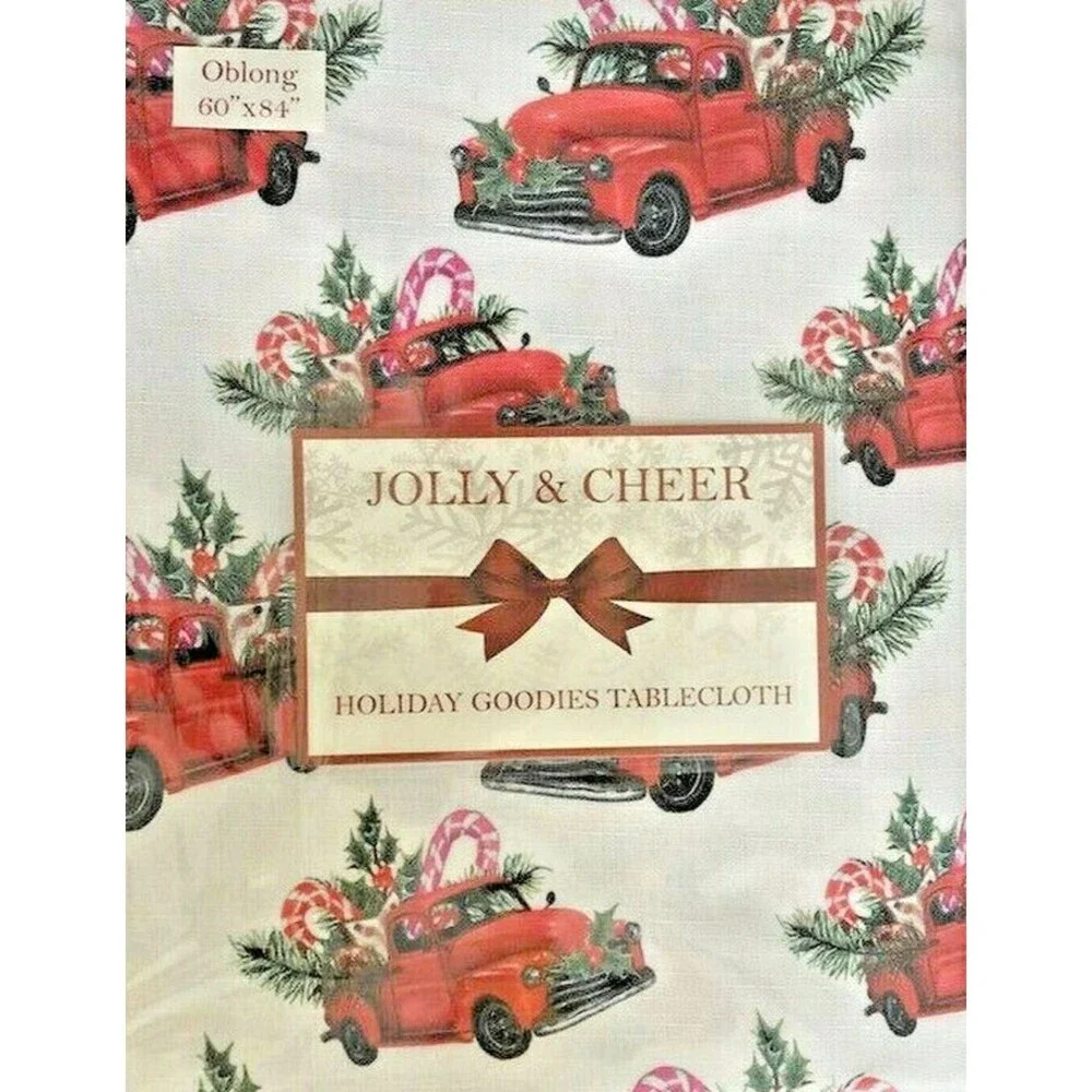 Christmas Fabric Tablecloth Vintage Red Farm Truck Country 60x84